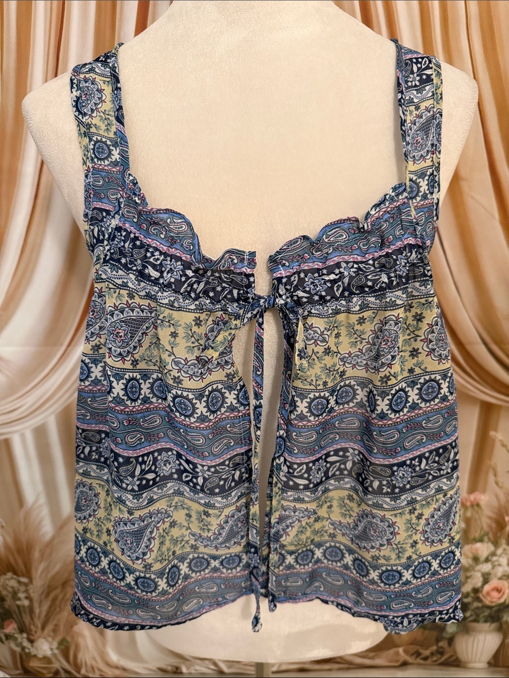 Mudd Blue and Cream Paisley Tie-Front Camisole